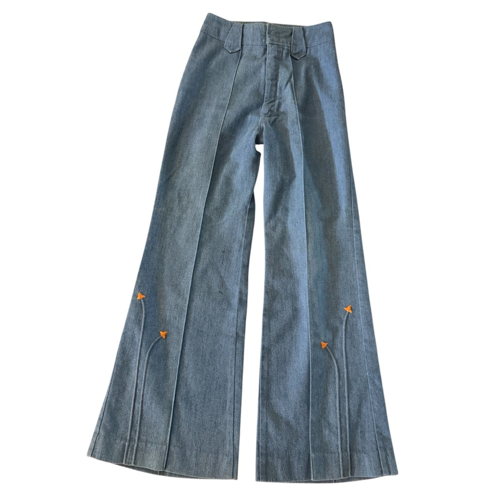 Vtg H Bar C Rancher Blue Wide Leg Jeans 22x28 Bell Bottoms Embroidered 1970s